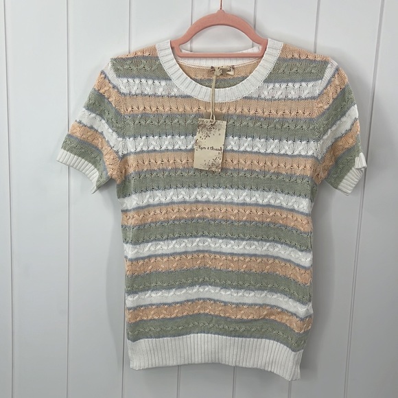 🆕Hem & Thread Sage/Coral Sweater Striped Short Sleeve Textured S,M & L - Picture 6 of 11